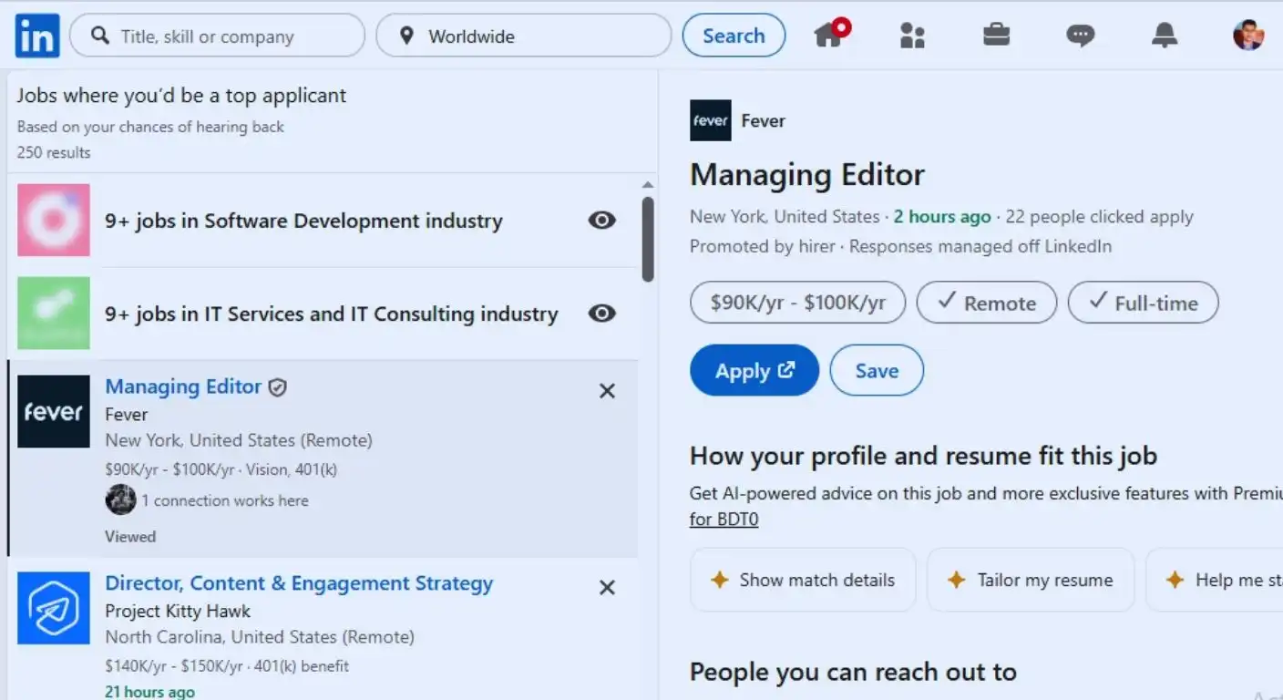 Job Hunt view on LinkedIn