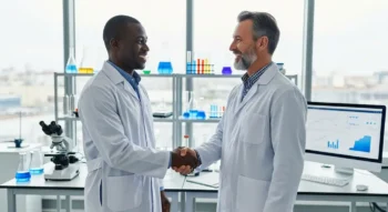 scientists shaking hands